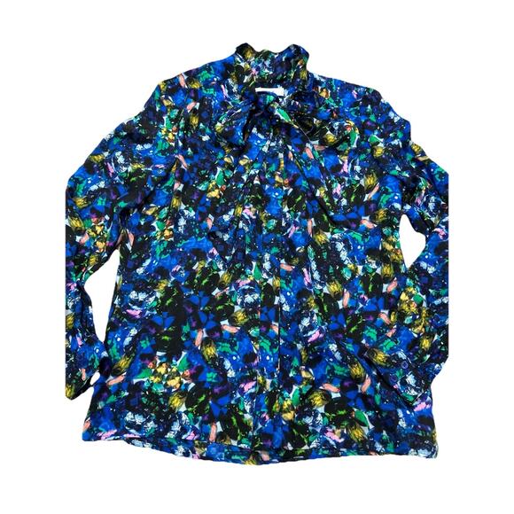 MILLY Silk Jewel-Print Tie-Neck Blouse Blue Multicolor Size 8 Medium - Picture 1 of 8